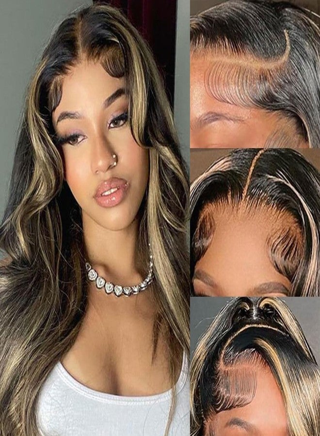 Juvid 13x6 Balayage Body Wave Lace Front Wigs Glueless HD Transparent Lace Frontal Pre Plucked Baby Hair 200% Density Ombre Highlight Blonde FB/27 Human Hair Wigs for Black Women 22inch - Image 2